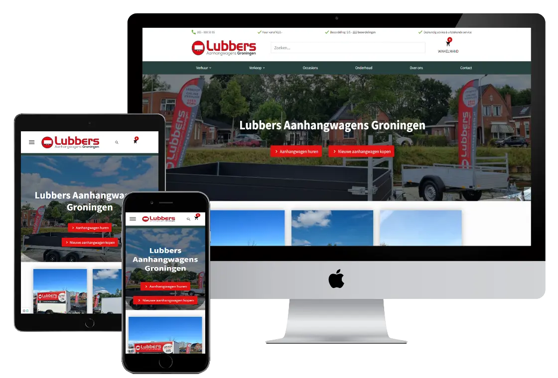 Lubbers Aanhangwagens (verhuurwebsite) op drie schermen